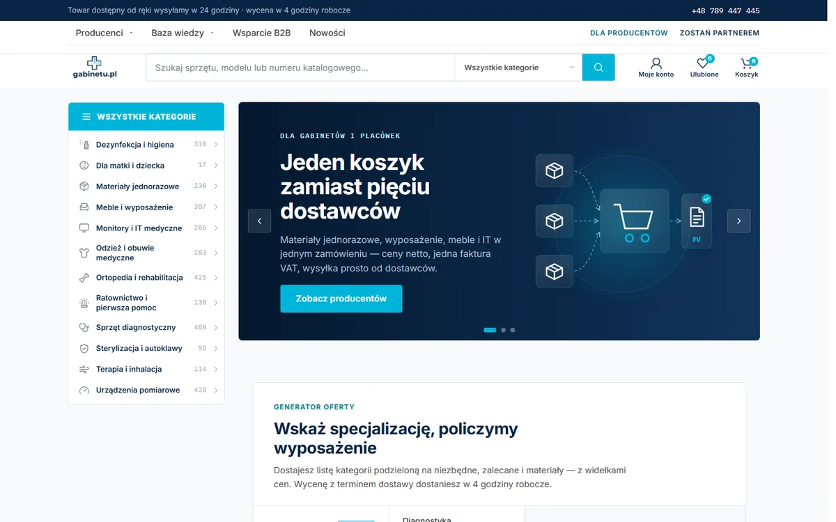 Strona główna sklepu gabinetu.pl: wyszukiwarka, lista kategorii i baner „Jeden koszyk zamiast pięciu dostawców”