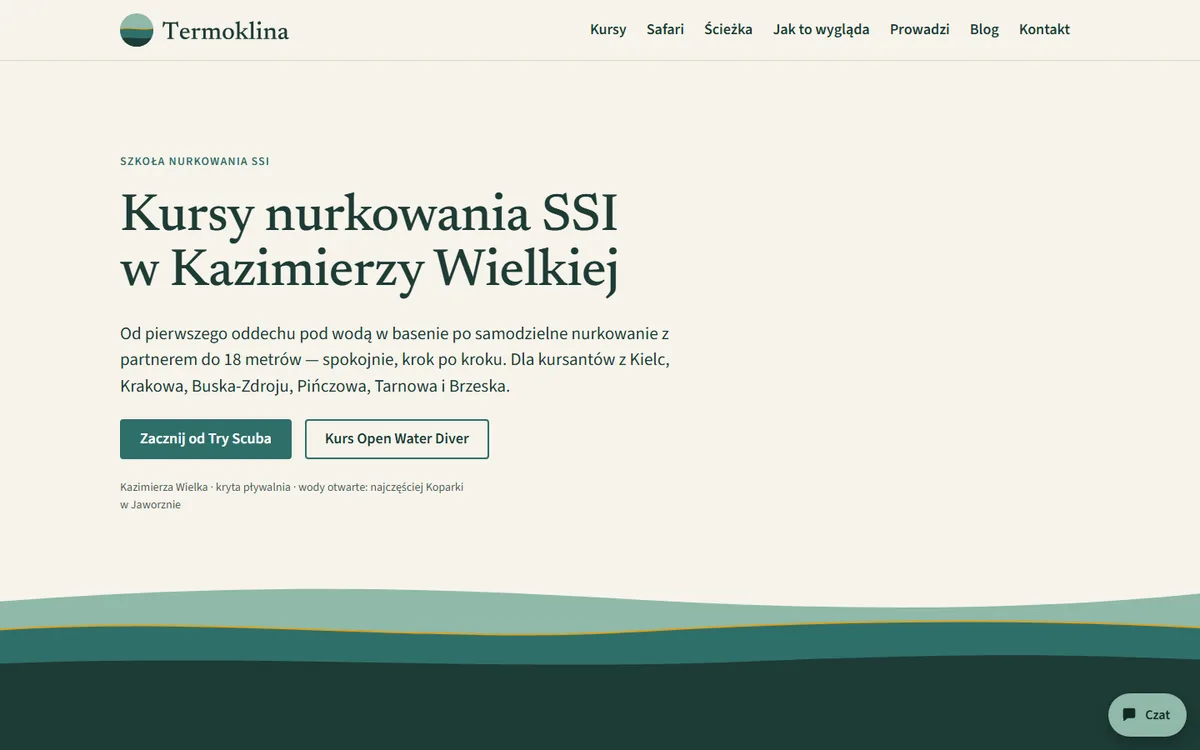 Strona główna termoklina.pl: „Kursy nurkowania SSI w Kazimierzy Wielkiej”, przyciski kursów i przycisk czatu